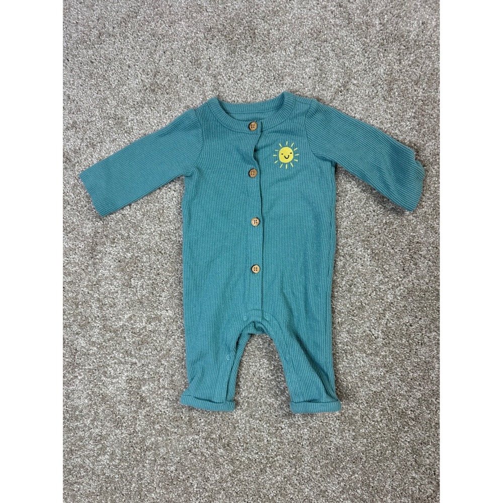 Cat & Jack Baby Ribbed Sun Graphic Romper Teal Blue 0-3M Long Sleeve Bodysuit